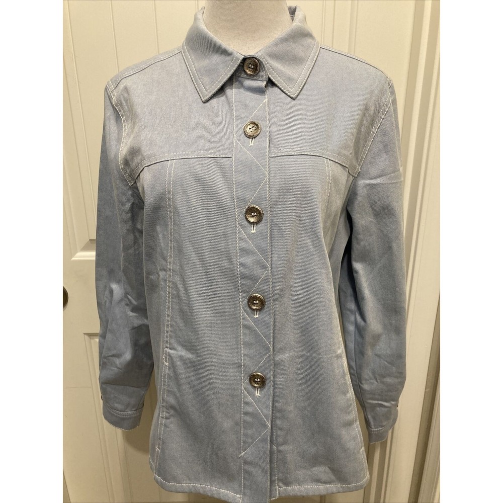 Susan Graver Light Blue Denim Jacket White Stitching SZ L Silver Buttons